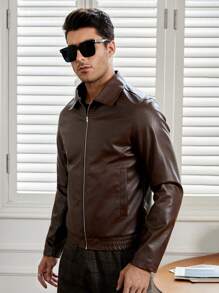 GENTILAND Nam Dây kéo chất liệu da PU Áo khoác - Màu nâu Sô-cô-la - Xem 3