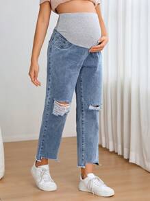 SHEIN 孕婦寬腰帶破洞毛邊牛仔褲 - 中等水洗藍 - 查看 4