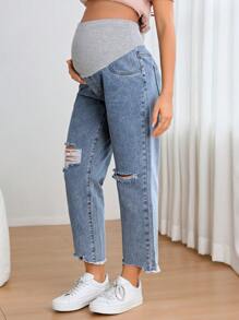 SHEIN 孕婦寬腰帶破洞毛邊牛仔褲 - 中等水洗藍 - 查看 6