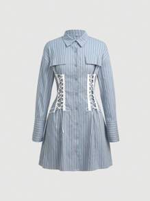 Aveloria Striped Print Lace Up Front Shirt Dress - Multicolor - View 1