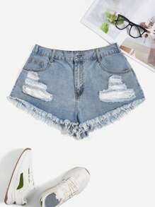SHEIN EZwear 大碼破洞毛邊牛仔短褲 - 淺色水洗藍 - 查看 1