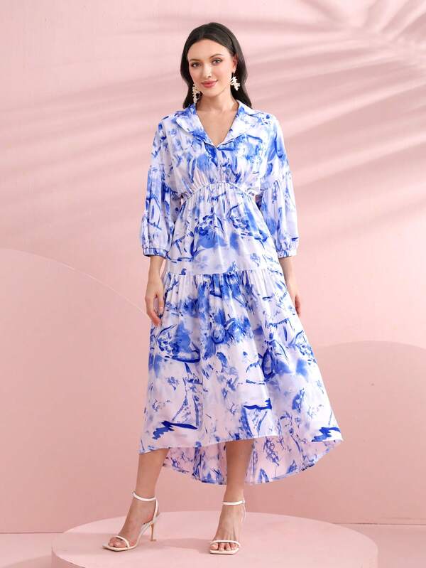 Seusyu 滿版印花燈籠袖高低下擺連衣裙