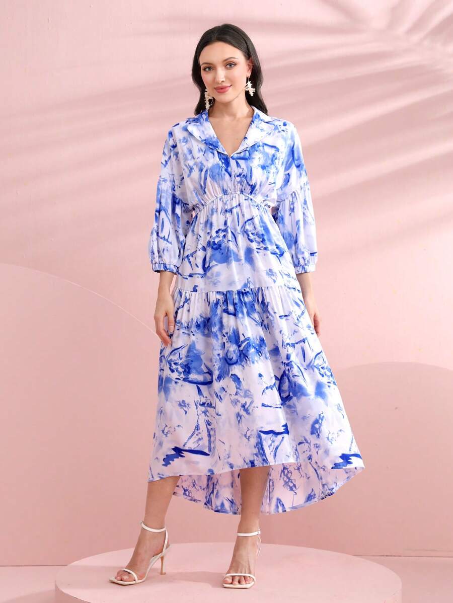 Seusyu 滿版印花燈籠袖高低下擺連衣裙 - 彩色 - 查看 1