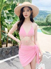 Swim Mod SHEIN X Hangout Fest 花卉圖案植絨比基尼套裝花朵串珠吊脖三角形文胸和側繫帶下裝和沙灘裙3入組泳衣 - 淺粉色 - 查看 9