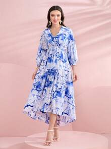 Seusyu 滿版印花燈籠袖高低下擺連衣裙 - 彩色 - 查看 6