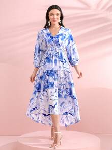 Seusyu 滿版印花燈籠袖高低下擺連衣裙 - 彩色 - 查看 7