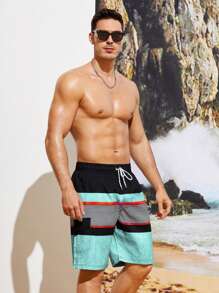 Manfinity KASUA 男士條紋印花腰部抽繩泳褲 - 彩色 - 查看 5