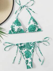Paisley Print Halter Triangle Bikini Set - Green - View 1