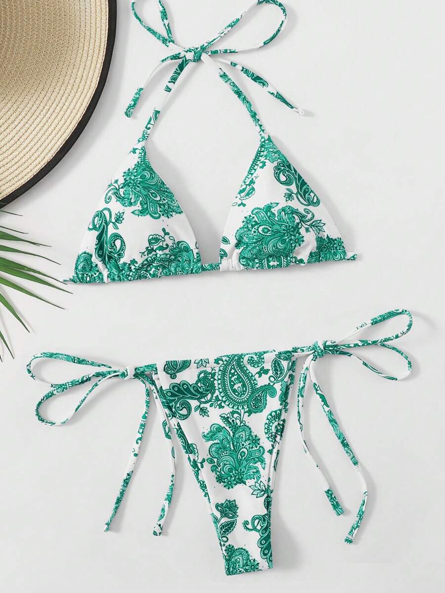 Paisley Print Halter Triangle Bikini Set - Green - View 1