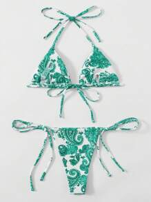Paisley Print Halter Triangle Bikini Set - Green - View 2