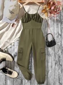 SHEIN Ragazza Tween Pantaloni cargo bustino arricciato tasca laterale con patta