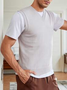 GENTILAND 男士素色V領毛衣背心不帶T恤 - 米色 - 查看 1