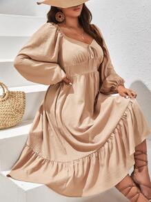 SHEIN VCAY 大碼雞心領口燈籠袖荷葉邊洋裝 - 杏色 - 查看 1