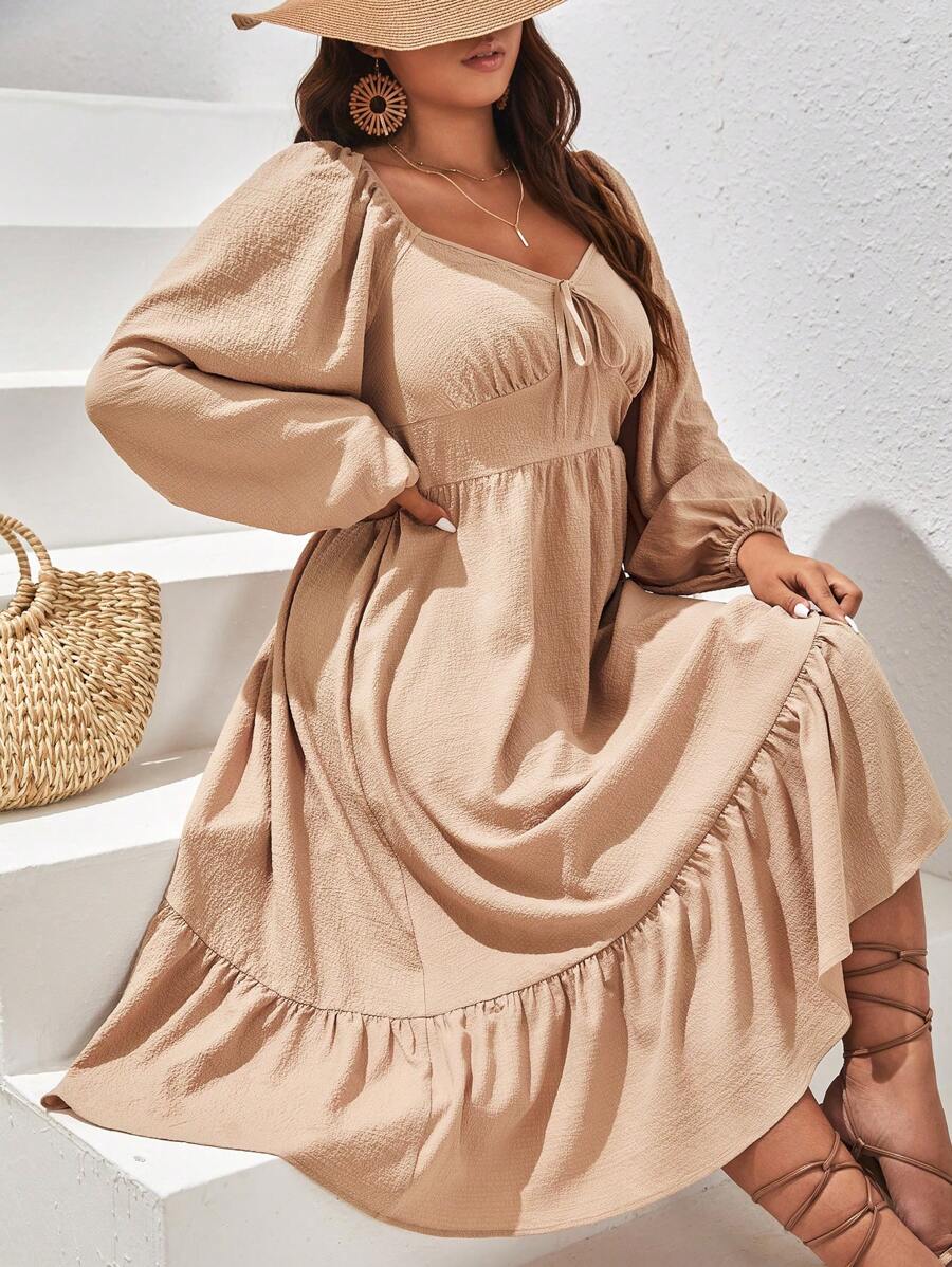 SHEIN VCAY 大碼雞心領口燈籠袖荷葉邊洋裝 - 杏色 - 查看 1