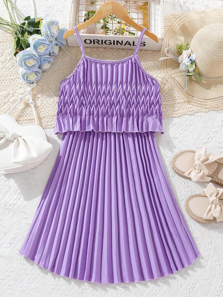SHEIN Tween Girls' Casual Irregular Ruched Hem Cami Dress - Lilac Purple - View 1