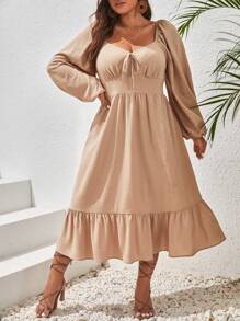 SHEIN VCAY 大碼雞心領口燈籠袖荷葉邊洋裝 - 杏色 - 查看 3