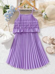 SHEIN Tween Girls' Casual Irregular Ruched Hem Cami Dress - Lilac Purple - View 2