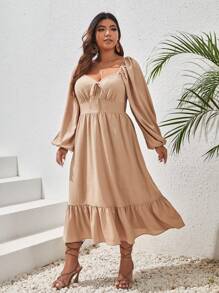 SHEIN VCAY 大碼雞心領口燈籠袖荷葉邊洋裝 - 杏色 - 查看 5