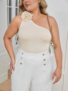 SHEIN Privé 大碼單肩貼花細節上衣 - 杏色 - 查看 1