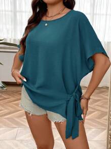 Plus Batwing Sleeve Knot Side Blouse - Teal Blue - View 5