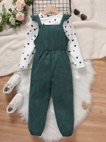 SHEIN 女小童愛心圖案T恤&荷葉邊前蝴蝶結背帶連身褲