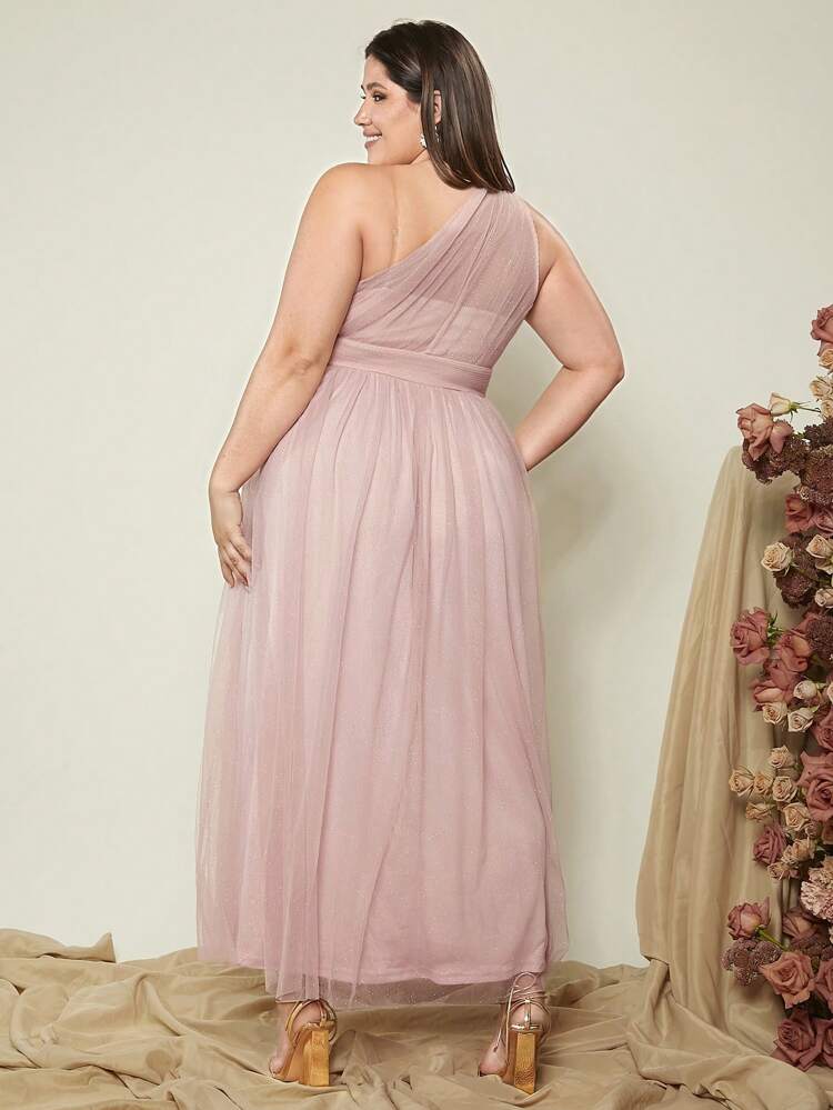 Plus One Shoulder Mesh Bridesmaid Dress