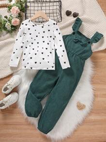 SHEIN 女小童愛心圖案T恤&荷葉邊前蝴蝶結背帶連身褲