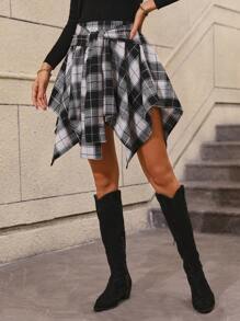 SHEIN LUNE 格紋印花不對稱下擺腰帶半身裙 - 黑與白 - 查看 6