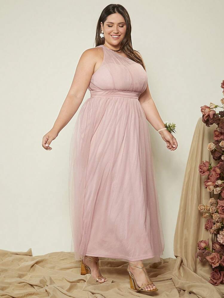 Plus One Shoulder Mesh Bridesmaid Dress