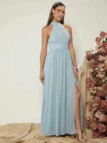 SHEIN Belle 素色高衩繞頸伴娘洋裝 - 淺藍色 - 查看 1