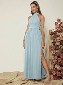 SHEIN Belle 素色高衩繞頸伴娘洋裝 - 淺藍色 - 查看 5