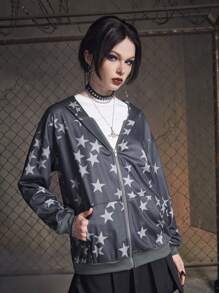 ROMWE Grunge Punk In Sao Áo Zip Up Hoodie - Xám - Xem 1