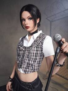ROMWE Grunge Punk In kẻ sọc Nút phía trước Áo khoác vest Không có áo sơ mi - Nhiều màu - Xem 2