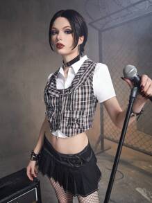 ROMWE Grunge Punk In kẻ sọc Nút phía trước Áo khoác vest Không có áo sơ mi - Nhiều màu - Xem 4