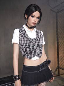 ROMWE Grunge Punk In kẻ sọc Nút phía trước Áo khoác vest Không có áo sơ mi - Nhiều màu - Xem 6