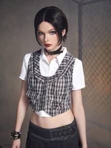 ROMWE Grunge Punk In kẻ sọc Nút phía trước Áo khoác vest Không có áo sơ mi - Nhiều màu - Xem 7