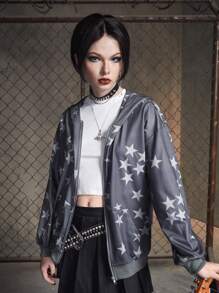 ROMWE Grunge Punk In Sao Áo Zip Up Hoodie - Xám - Xem 5