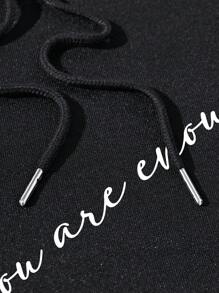 SHEIN EZwear 加大码标语图案抽绳保暖内衬卫衣，适合毕业季、返校季、教师节等场合，女士返校季套头衫，秋季卫衣 - 黑色 - 查看 5