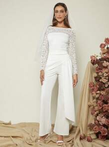 SHEIN Belle 蕾絲拼接船領上衣&側垂喇叭褲 - 白色 - 查看 1