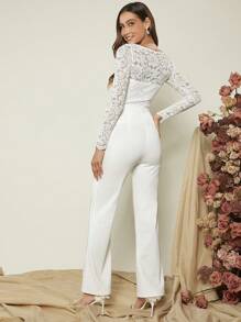SHEIN Belle 蕾絲拼接船領上衣&側垂喇叭褲 - 白色 - 查看 2