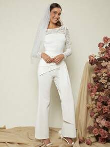 SHEIN Belle 蕾絲拼接船領上衣&側垂喇叭褲 - 白色 - 查看 4