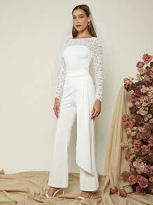 SHEIN Belle 蕾絲拼接船領上衣&側垂喇叭褲 - 白色 - 查看 5