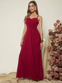 SHEIN Belle Burgundy Red 1pc Solid Ruched Bustier Cami Bridesmaid Dress - Burgundy - View 2
