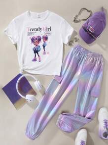 SHEIN 女大童人物和標語圖案T恤&鐳射長褲 - 彩色 - 查看 1