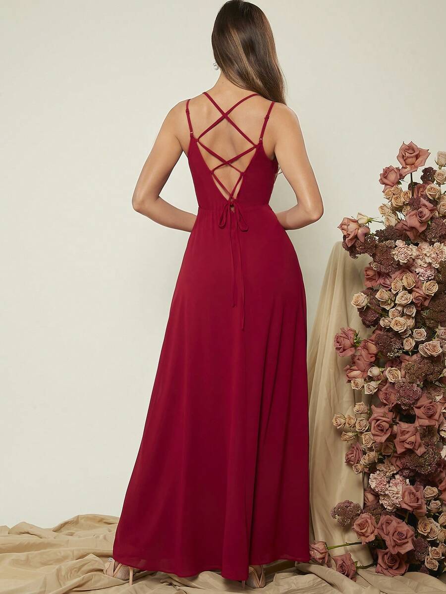 SHEIN Belle Burgundy Red 1pc Solid Ruched Bustier Cami Bridesmaid Dress - Burgundy - View 1