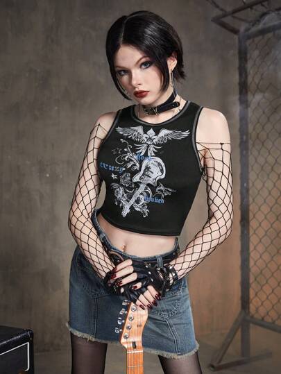 Grunge Punk Women Wing Print Short Base Casual Round Neck Tank Top