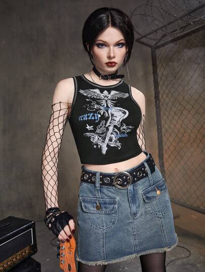 Grunge Punk Women Wing Print Short Base Casual Round Neck Tank Top