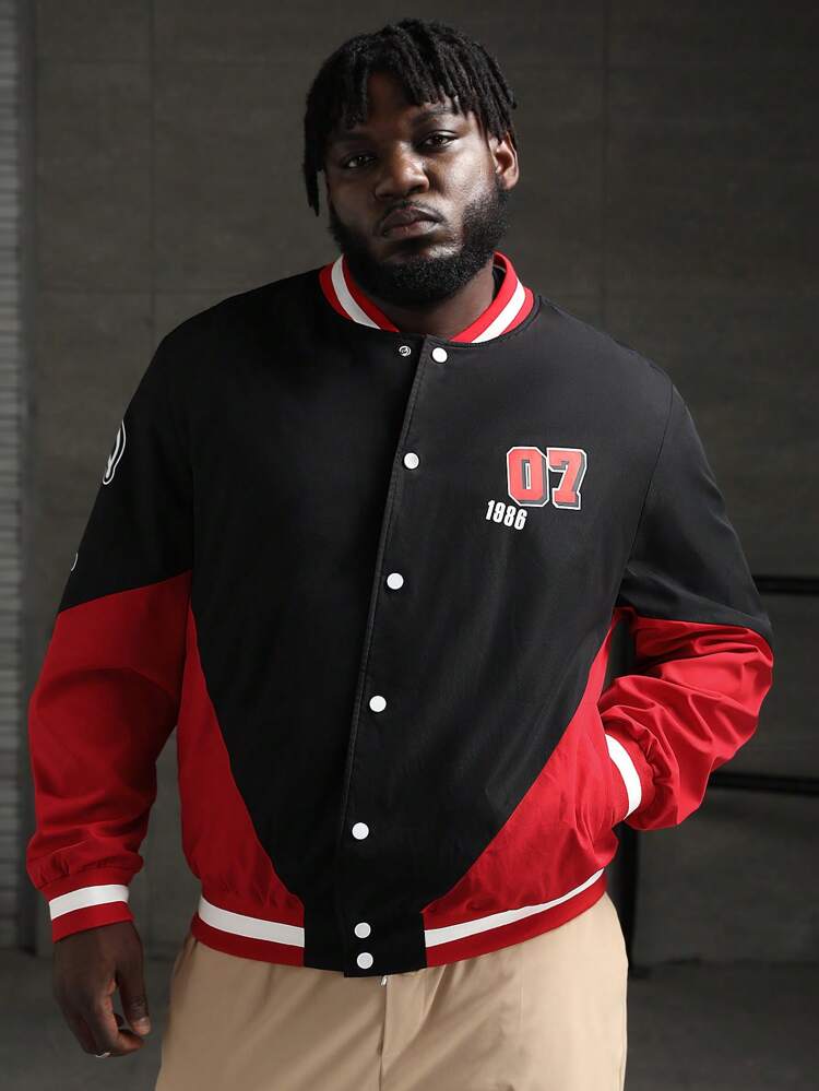 Loose Fit Men's Plus Size Colorblock Letter Graphic Varsity Jacket, For Fall Winter