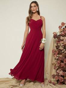 SHEIN Belle Burgundy Red 1pc Solid Ruched Bustier Cami Bridesmaid Dress - Burgundy - View 3