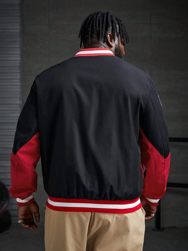 Loose Fit Men's Plus Size Colorblock Letter Graphic Varsity Jacket, For Fall Winter